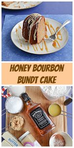 Pin Image: A plate with a slice of golden brown Bundt Cake topped with a glaze and the plate splatter with a caramel drizzle and the cut Bundt cake peeking in from the back left corner, text overlay, a cutting board topped with a cup of flour, a cup of brown sugar, a bottle of whiskey, a jar of honey, and a bowl of spices.