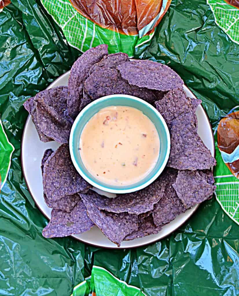 A plate of blue tortilla chips with a bowl of creamy queso in the middle of the plate.