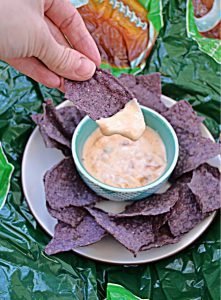 A plate of blue tortilla chips with a bowl of creamy queso in the middle and a hand dipping a chip into the queso.