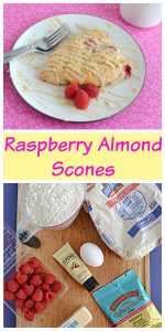 Pin Image: A plate with a raspberry almond scone drizzled with coffee glaze and two forks on the plate along with 3 raspberries. There's a cup of coffee behind the scone, text, a cutting board with a cup of flour, a bag of sugar, one egg, almond paste, a bag of coffee, a stick of butter, and a package of raspberries on it.