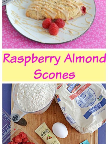 Pin Image: A plate with a raspberry almond scone drizzled with coffee glaze and two forks on the plate along with 3 raspberries. There's a cup of coffee behind the scone, text, a cutting board with a cup of flour, a bag of sugar, one egg, almond paste, a bag of coffee, a stick of butter, and a package of raspberries on it.