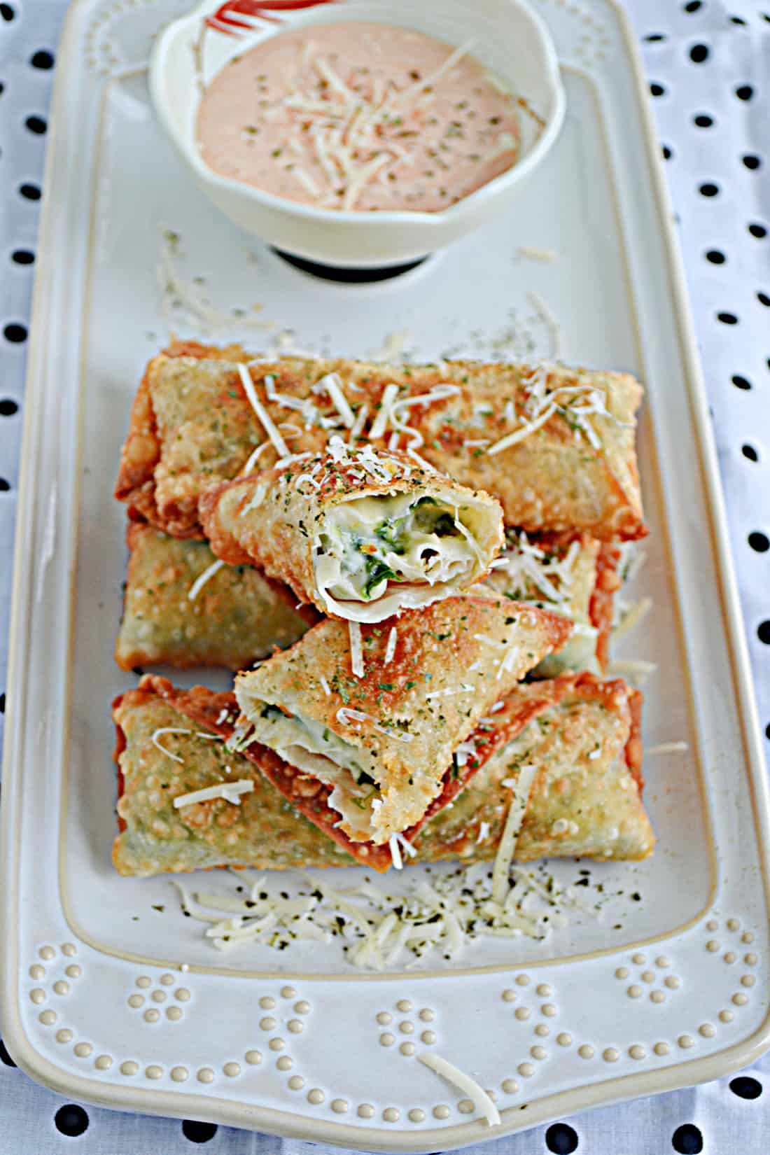 Spinach Artichoke Dip Appetizer Egg Rolls with Spicy Parmesan Ranch Dipping Sauce