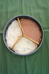 A cake pan with three different flavors of cheesecake divided by graham crackers.
