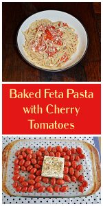 Pin Image: A bowl of spaghetti mixed with pieces of cherry tomatoes and feta in it, text, a baking dish filled with cherry tomatoes and a block of feta in the middle.