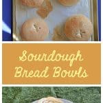 Pin Image: A cookie sheet topped with six golden brown bread bowls, text, A plate topped with a hollwed out bread bowl filled with creamy broccoli cheese soup and sprinkled with cheddar cheese.