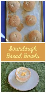 Pin Image: A cookie sheet topped with six golden brown bread bowls, text, A plate topped with a hollwed out bread bowl filled with creamy broccoli cheese soup and sprinkled with cheddar cheese.