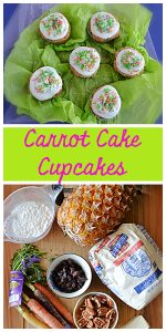 Pin Image: Six carrot cake cupcakes topped with cream cheese frosting and sprinkles on a green background, text, a cutting board topped with a pineapple, a cup of flour, a bag of sugar, tri-colored carrots, a cup of raisins, a bowl of pecans, and a stick of butter.