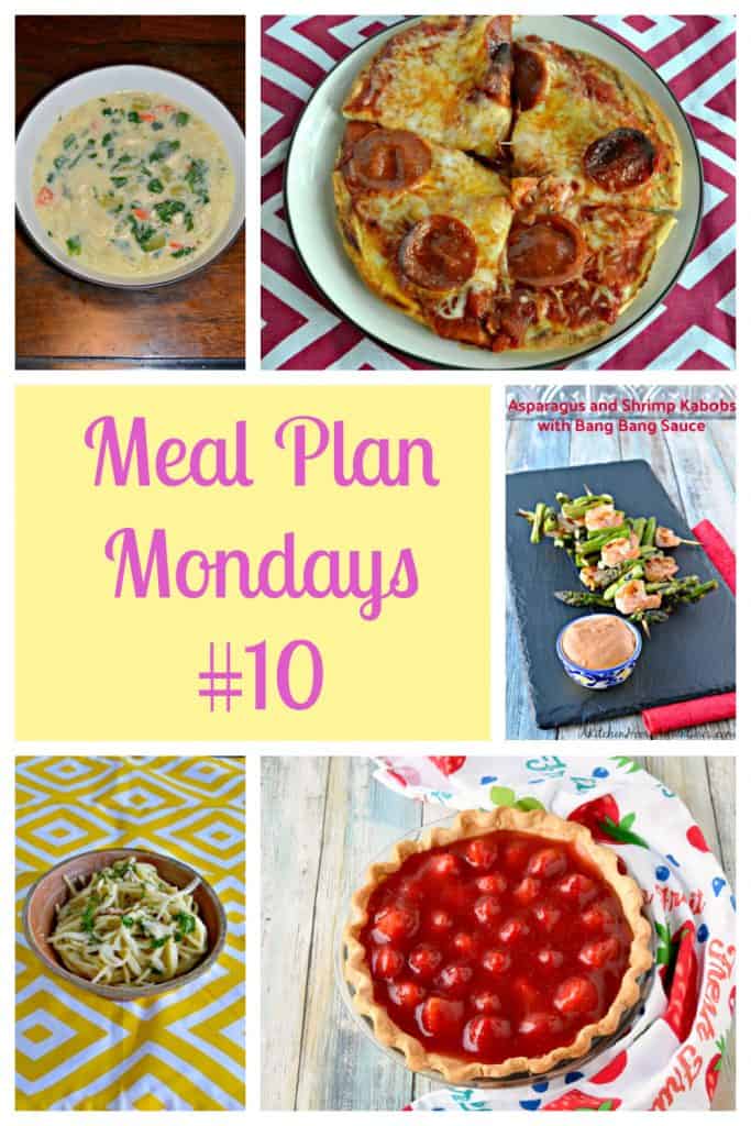 Pinterest Collage: A bowl of Lemony Greek Chicken Soup, a plate with an Air Fryer pita pizza on it, text, a platter of shrimp kabobs, a bowl of lemon pasta, a fresh strawberry pie in a pie pan.