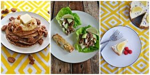 Pinterest Collage: A plate stacked with hummingbird pancakes with sprinkled pecans and a pat of butter on top, a plate with Beef Bulgogi Lettuce wraps and an egg roll on it, A plate with a slice of Instant Pot lemon lavender cheesecake on it with the whole cheeseccake in the corner.