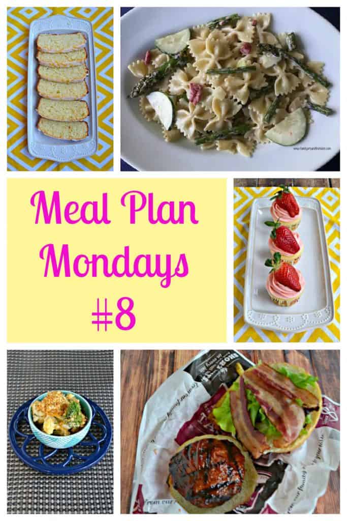 Pin Image: A platter with slices of lemon bread on it, a plate with paste salad and asparagus on it, text, a platter with lemon strawberry cupcakes, a small bowl of cauliflower and broccoli with cheese, and a large burger topped with bacon.