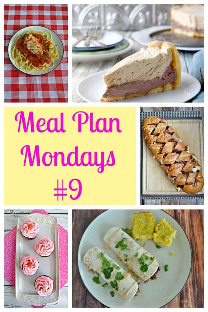 Pin Image: A photo collage with a plate piled high with spaghetti and Sausage Parmesan, a plate with peanut butter pie, text overlay, a braided bread stuffed with brie and cranberries, a platter with chocolate reaspberry cupcakes on it, and a plate with enchiladas and a spicy drizzle. 