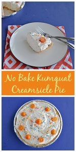 Pin Image: A plate with a slice of No Bake Kumquat Pie on it with two forks and the whole pie minus one slice peaking out from the corner, text, No Bake Kumquat Pie is topped with whipped cream and little kumquats and sprinkles.