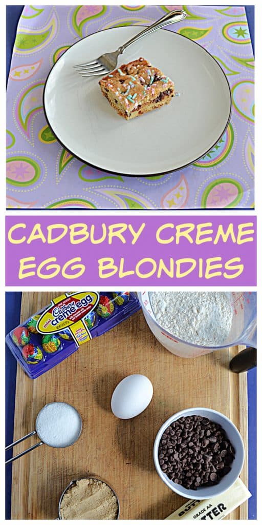Pin Image: A plate with a Cadbury Creme Egg Blondie square on it along with a fork, text, a cutting board topped with a cup of flour, a package of mini Cadbury creme eggs, an egg, sugar, brown sugar, and a dish of chocolate chips. 