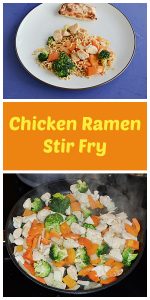 Pin Image: A plate with a large helping of chicken, Ramen noodle, and vegetable stir fry, text, a skillet with chicken and vegetables in it.