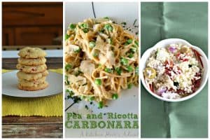 Pin Collage: a plate stacked with 6 lemon rhubarb cookies, a bowl filled with pasta mixed with peas, ricotta, and bacon, a bowl of couscous salad with vegetables.