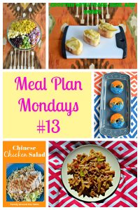 Pin image: A bowl filled with vegetables for Mexican pasta salad, a cutting board with three slices of bread topped with pears, text, a platter with three donuts in orange and blue glaze, a plate piled high with lettuce topped with chicken, and a plate a pasta salad.