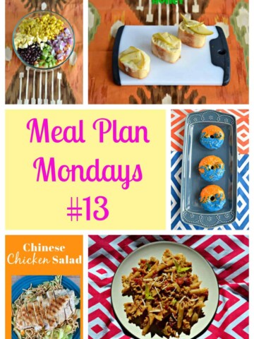 Pin image: A bowl filled with vegetables for Mexican pasta salad, a cutting board with three slices of bread topped with pears, text, a platter with three donuts in orange and blue glaze, a plate piled high with lettuce topped with chicken, and a plate a pasta salad.