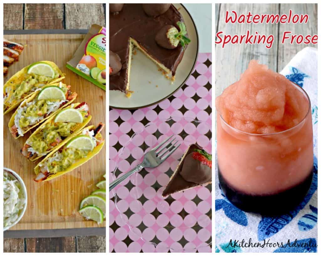 Pin Image: A cutting board with pork and lettuce filled tacos, a chocolate covered cheesecake with strawberries and a slice cut out of it, a glass of pink watermelon frose.