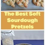 Pin Image: A baking sheet with 8 golden brown soft pretzels on it, text, a bowl with rising dough in it with a jar of sourdough starter behind it.