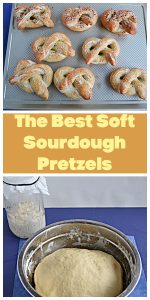 Pin Image: A baking sheet with 8 golden brown soft pretzels on it, text, a bowl with rising dough in it with a jar of sourdough starter behind it.