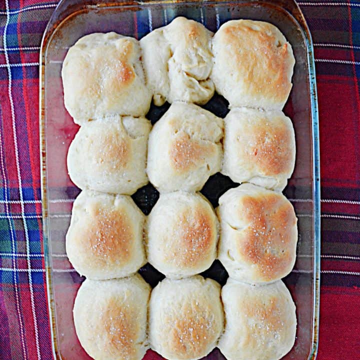 A glass baking dish with a dozen golden brown rolls in it.