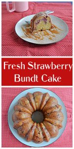 Pin Image: A slice of strawberry Bundt cake on a plate drizzled with caramel and two forks, text, A Bundt Cake