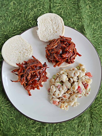 A plate with 2 pulled pork sandwiches and a big pile of pasta salad.