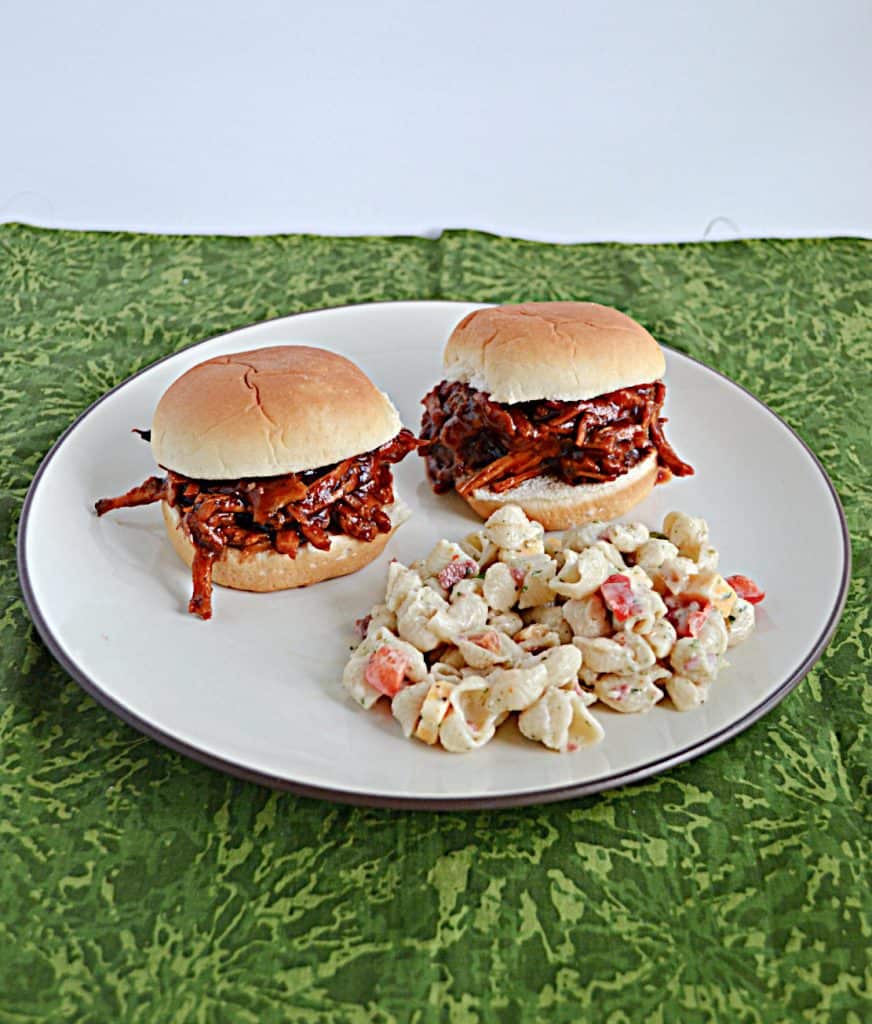 A front view of a plate with two pulled pork sandwiches and a pile of pasta salad. 