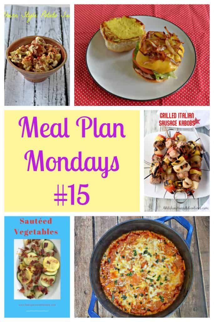 Pin Image: A bowl of potato salad, a plate with a cheeseburger topped with caramelized onions, pork kabobs on a plate, text, a platter filled with roasted veggies, a Dutch oven filled with one pot lasagna.