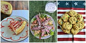 Pin image: A plate with a sslice of cheesecake topped with a strawberry drizzle, a plate topped with steak salad and a side of homemade Ranch, a plate of M&M's cookies on a red, white, and blue background.