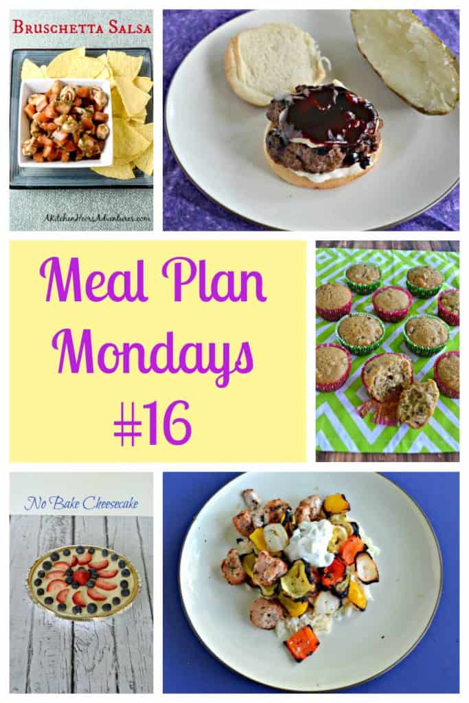 Pin Image: A plate filled with tortilla chips and bruschetta salsa, a plate with a burger topped with Blueberry BBQ Sauce, rows of honey rhubarb muffins on a green background, text, a no bake cheesecake topped with strawberries and blueberries, and a plate with a pile of rice topped with Greek chicken and vegetables.