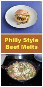 Pin Image: A plate with a sub roll stuffed with beef, peppers, and cheese on it, text, A skillet full of ground beef, peppers, and onions and topped with cheese.