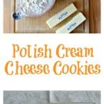 Pin Image: A cutting board topped with a jar of apricot jam, a box of cream cheese, 2 sticks butter, a cup of sugar, and a cup of flour, text, A platter with four Polish Cream Cheese Cookies filled with apricot jam.