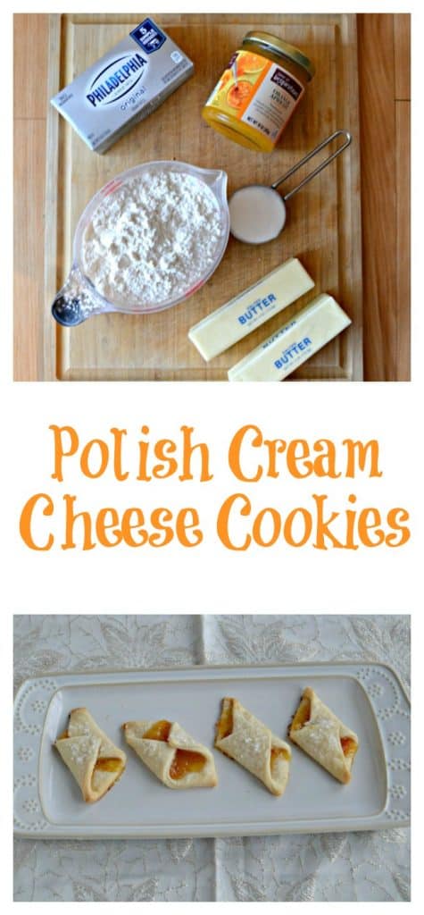 Pin Image: A cutting board topped with a jar of apricot jam, a box of cream cheese, 2 sticks butter, a cup of sugar, and a cup of flour, text, A platter with four Polish Cream Cheese Cookies filled with apricot jam. 