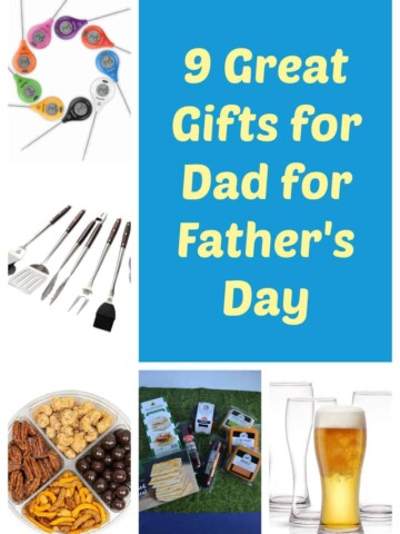 Pin Image: A circle made of colorful thermometers, a 5 piece stainless grill tool set, a tray of mixed nuts, a box filled with sausage, cheeses, and crackers, a set of 4 beer glasses with one glass filled with beer, text.