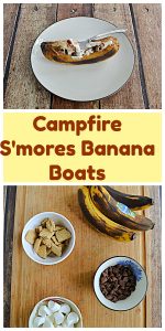 Pin Image: A banana with cooked chocolate chips, graham crackers, and marshmallows on top, text, a cutting board with a bunch of bananas, bowl of marshmallows, bowl of chocolate chips, and bowl of graham cracker pieces.