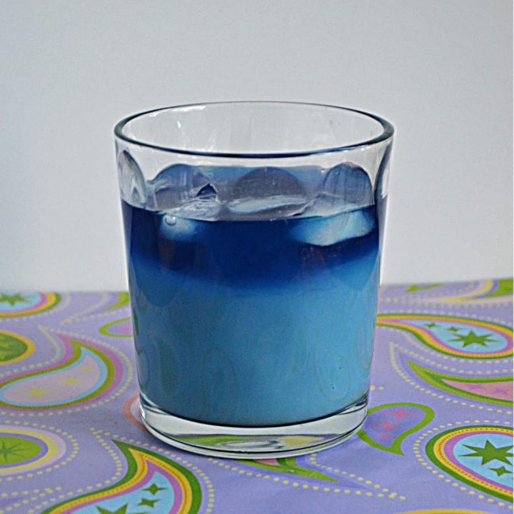 A glass of Butterfly Pea Flower Iced Tea Latte (light blue on the bottom, dark blue on the top)