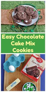 Pin Image: A plate piled high with chocolate cake mix cookies surrounded by green and gold beaded necklaces, text, a cutting board with 2 eggs, a box of chocolate cake mix, a stick of butter, and a bowl of M&M's on it.