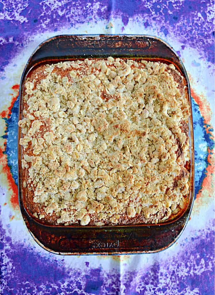 A pan of Sour Cherry Coffee Cake with Crumble Topping.