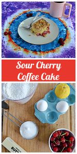 Pin Image: Side view of A plate with a piece of sour cherry coffee cake, a pair of sour cherries, 2 forks, and a cup of coffee on the side, text, a cutting board topped with eggs, a cup of flour, a cup of sugar, a stick of butter, and a bowl of cherries.