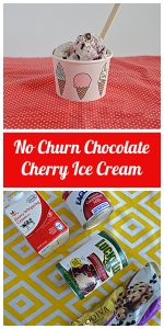 Pin Image: A bowl filled with No Churn Chocolate Cherry Ice Cream with a wooden spoon sticking out of it, text, ingredients for the recipe including a carton of heavy cream, a can of sweetened condensed milk, a can of cherry pie filling, and a bag of chocolate chips.
