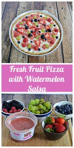 Pin Image: A fruit pizza topped with watermelon salsa and fresh fruit, text, a cutting board holding bowls of grapes, strawberries, blueberries, blackberries, and watermelon salsa.