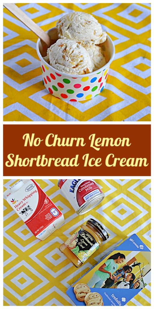 Pin Image: A rainbow dotted bowl with two scoops of Lemon Shortbread Ice Cream and a wooden spoon in it, text, ingredient photo with a carton of heavy cream, a can of sweetened condense milk, a jar of lemon curd, and a box of shortbread cookies. 