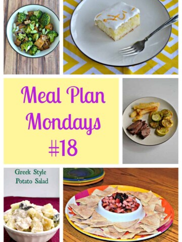 Pin Image: a bowl of broccoli and tofu, a plate with a slice of lemon poke cake and a fork, a plate with steak, potatoes, and parmesan zucchini, text, a tray with cinnamon tortilla chips and fruit berry salsa, a bowl of Greek potato salad.
