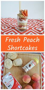 Pin Image: A jar layered with cinnamon whipped cream, fresh peaches, and sweet biscuits with peaches on top and a spoon sticking out of the jar, text, a cutting board with three biscuits, a jar of cinnamon, four peaches, and a carton of heavy cream on it.