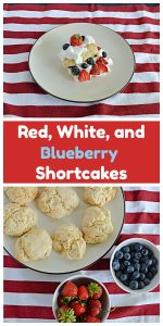 Pin Image: A plate stacked with biscuits, whipped cream, and berries, text, a plate of biscuits, a bowl of strawberries, and a bowl of blueberries.