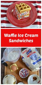 Pin Image: Top view of a plate with two waffle ice cream sandwiches rolled in red, white, and blue sprinkles, text, a cutting board with a cup of flour, a bag of sugar, an egg, sprinkles, a bowl of spices, and sugar on it.