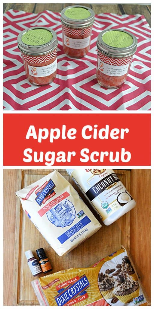 Pin Image: Three glass jars of Apple Cider Sugar scrub, Text, A cutting board with a bag of sugar, bag of brown sugar, container of coconut oil, and bottles of scented oils.