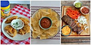 Pin Collage: A plate of fried chicken with a bowl of ranch, a platter with tortilla chips and salsa in the middle, a cutting board with flank steak, peppers, onions, cheese, and salsa on it.