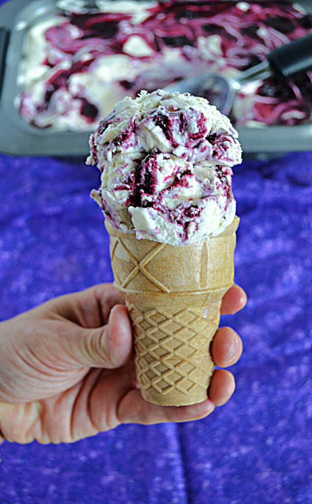 A close up view of an ice cream cone with blueberry ice cream on top. 